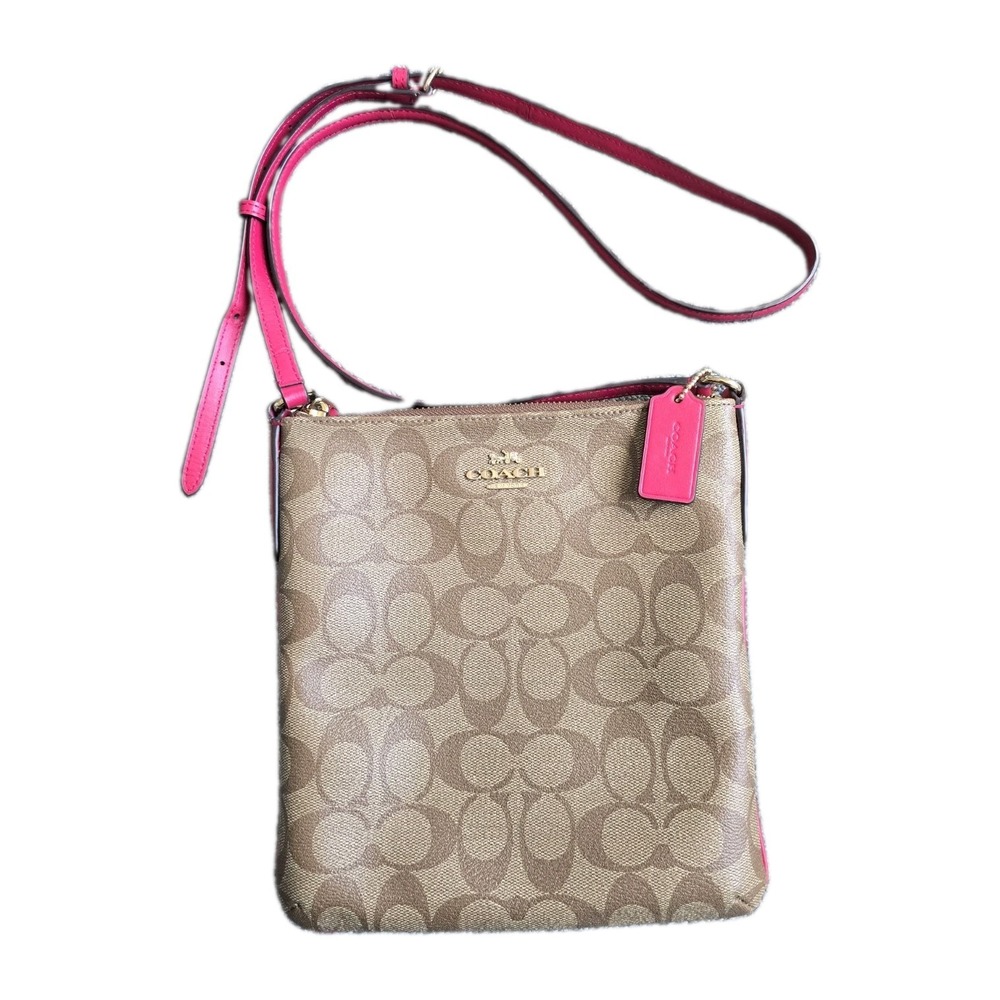 Coach North South Crossbody Bag Signature Canvas Khaki Bright Pink F58309 NEW